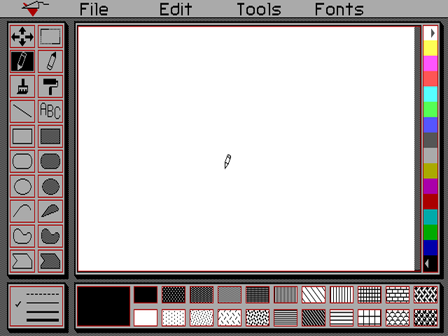 screenshot of PCPaint 2 w/ palettes of tools and settings around a blank content area