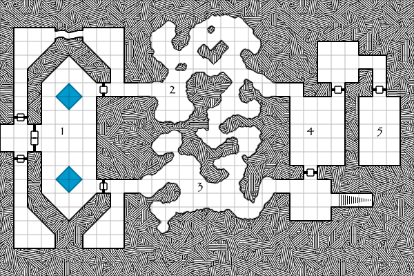 a dungeon with three rooms and two caverns