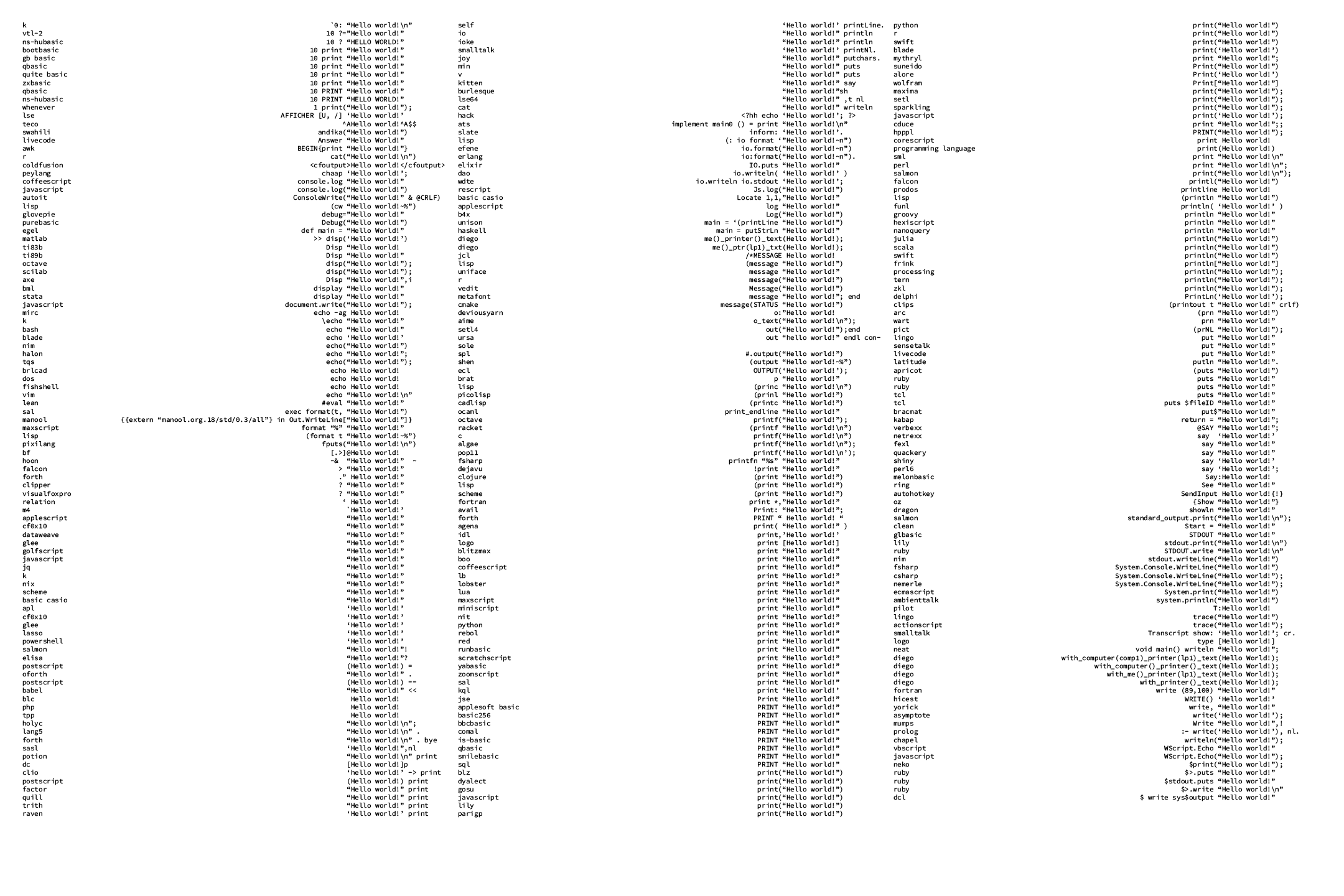 Three columns of Hello World programs from Rosetta Code